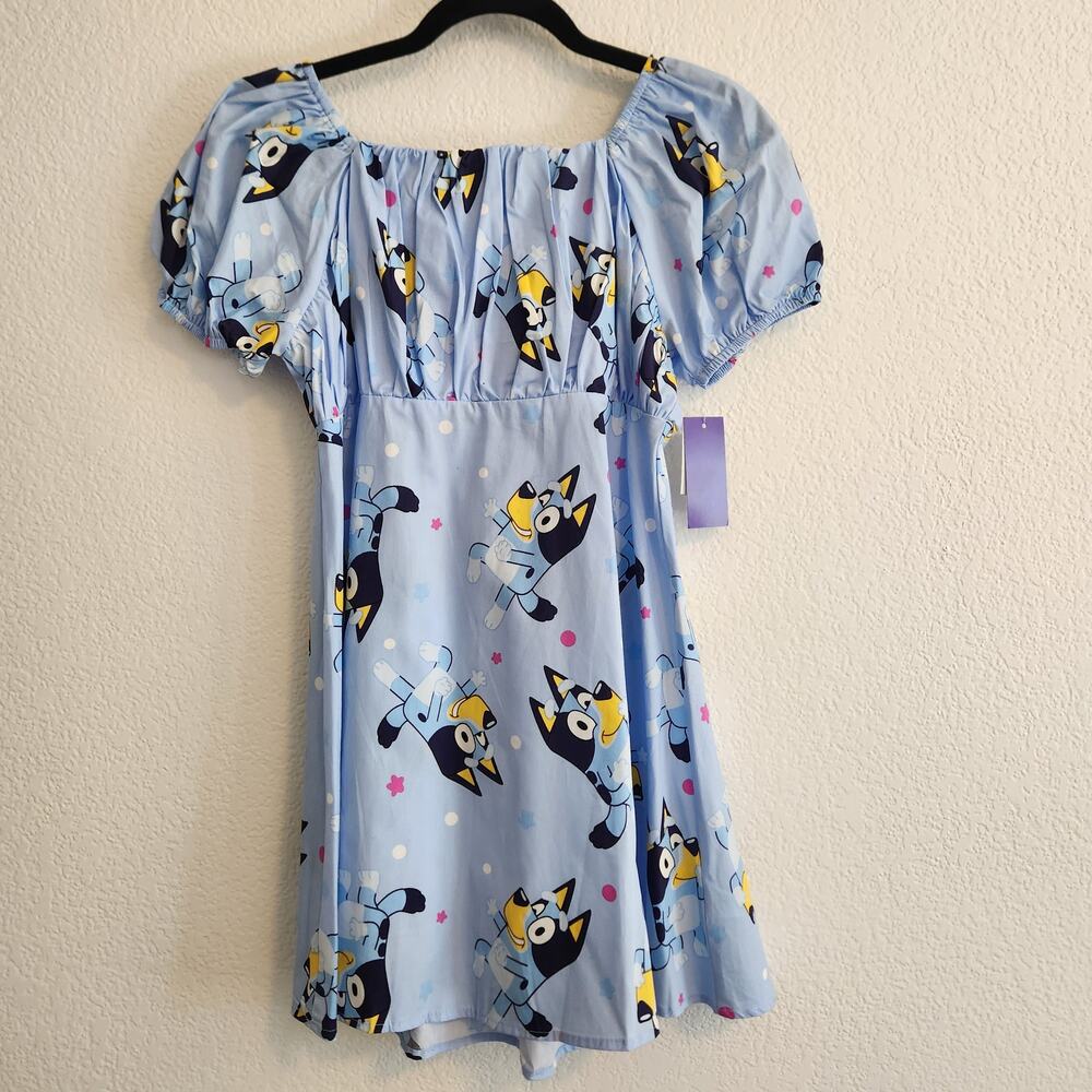 Bluey Girl's Size 14/XL Light Blue Character Print Puff Short Sleeve Dress NWT‎